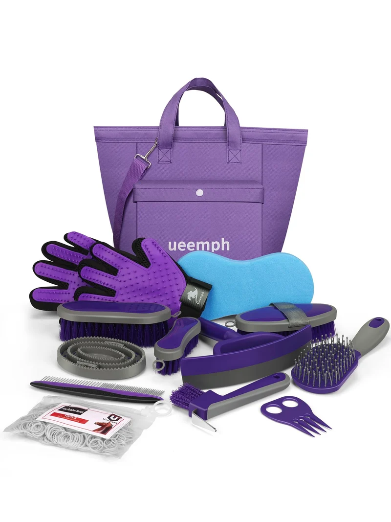 Ueemph Kit Toilettage Cheval (12 Pièces) – Brosses, Sac et Accessoires – Cadeau Violet pour Filles Cavalieres