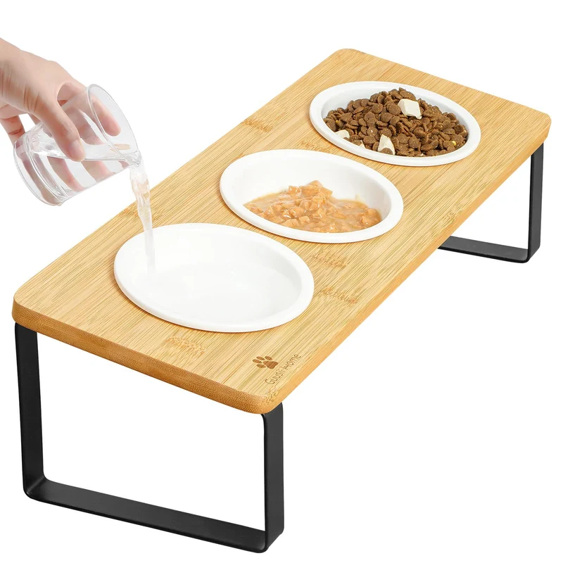 Sunhoo Gamelles Chat Surelevees – Ensemble de 3 Bols Ceramiques sur Socle Bois ( Montage Facile )