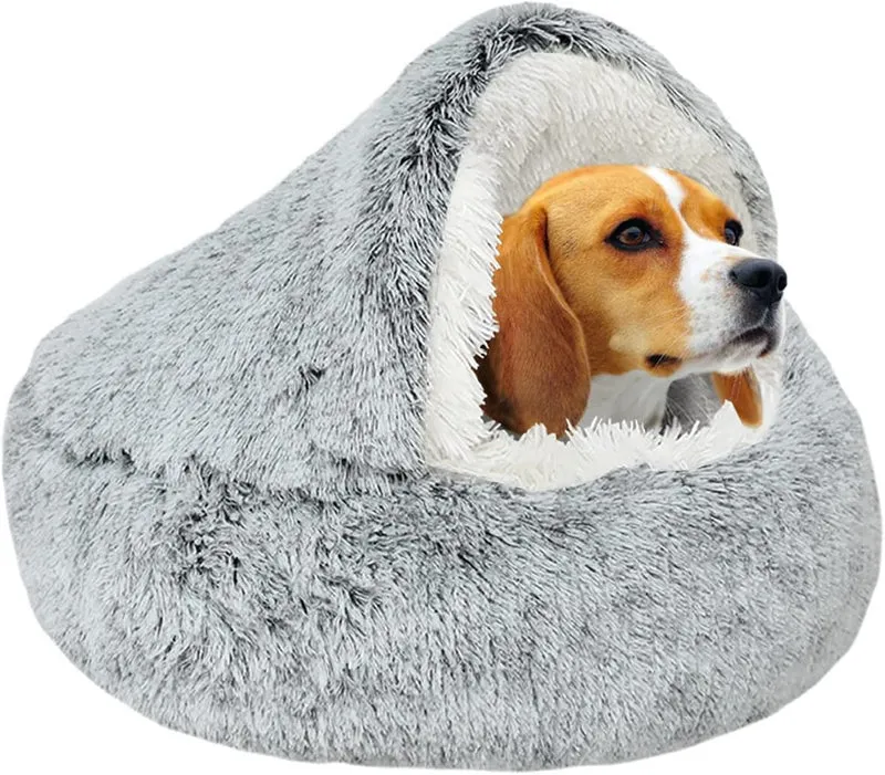SUOXU Petit Nid pour Chien – Lit Rond en Peluche Doux 65 cm, Fond Antidérapant, Lavable (Gris)