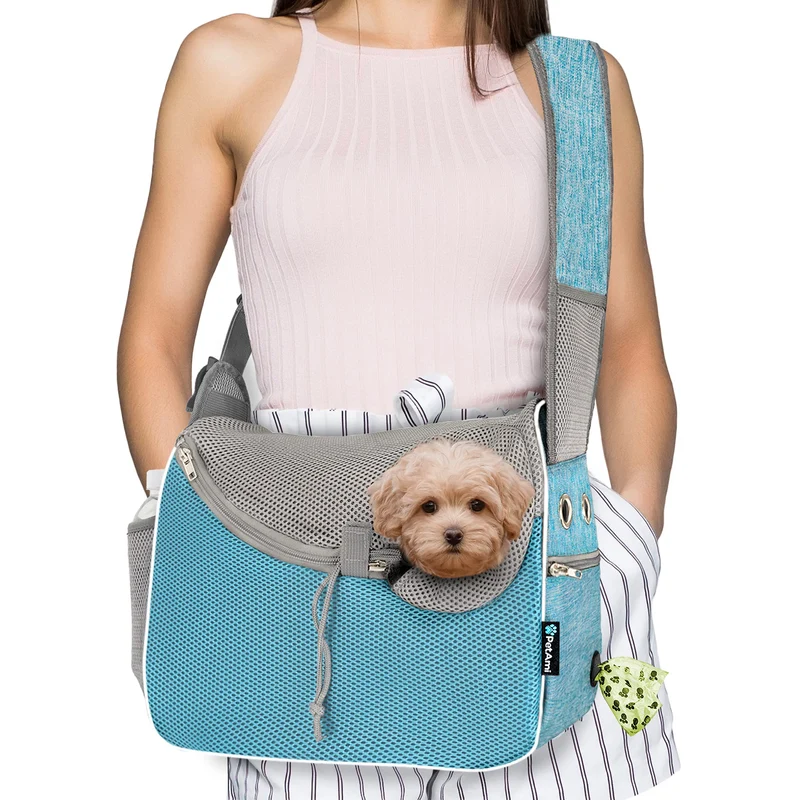 PetAmi porte-chien bleu – Sac bandoulière pour petit chien jusqu’à 10 lb avec lit sherpa amovible