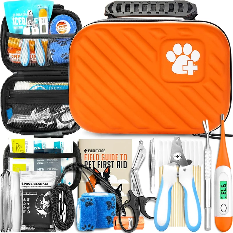 EVERLIT CARE Kit Premiers Secours pour Animaux – 95 pièces approuvées par les vétérinaires, voyage et domicile (orange gardien)