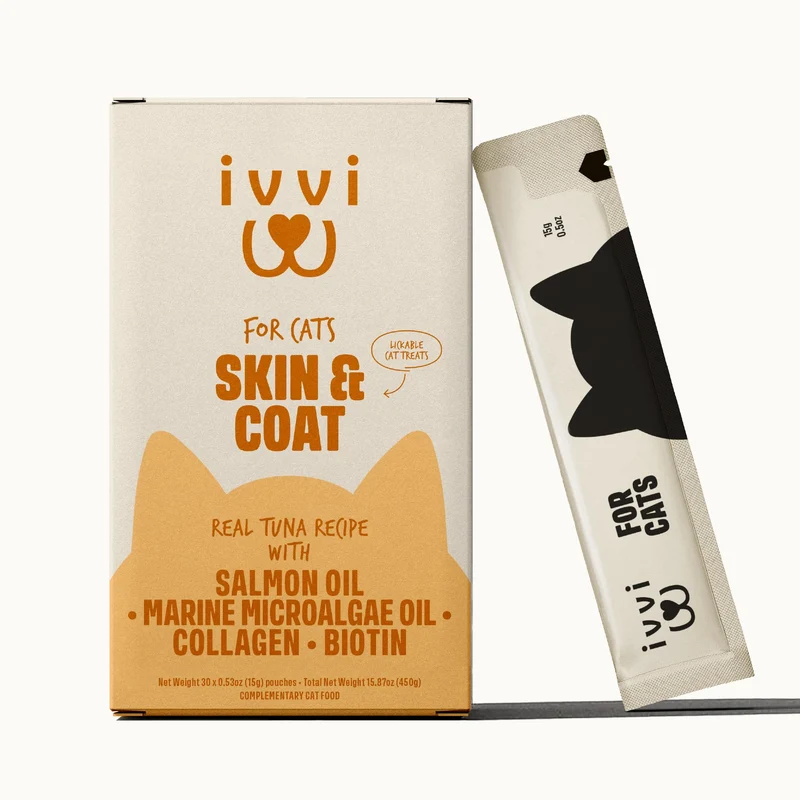 ivvi Skin & Coat pour Chats – Snack crèmeux au thon réel, Oméga-3, Zinc, Collagène et Biotine