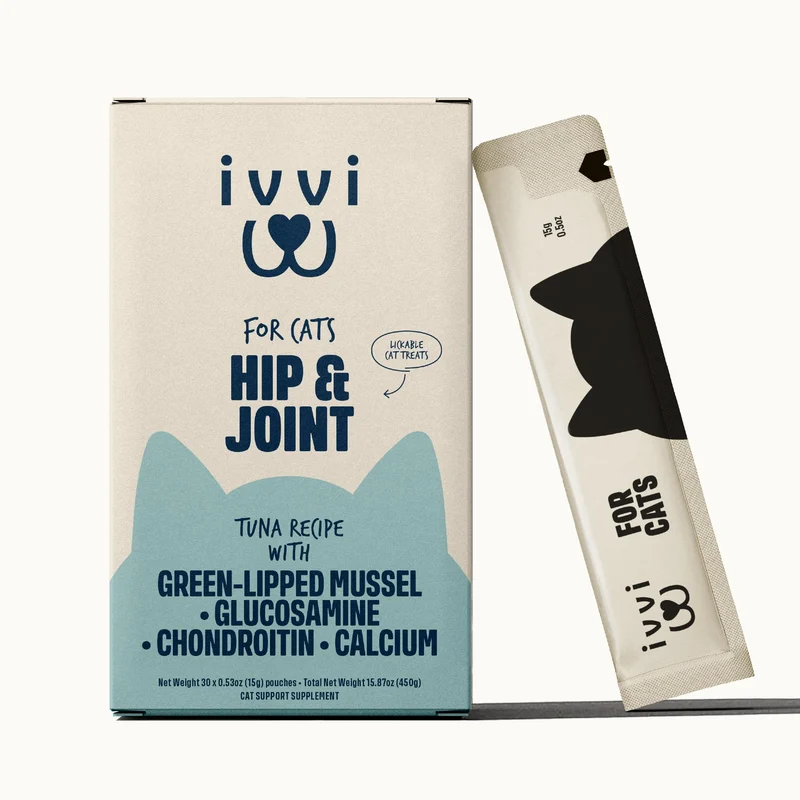 ivvi Hip & Joint pour Chats – Creme fonctionnelle avec glucosamine-chondroitine, moules vertes et huile de saumon – Mobilite – 30 sachets – Thon reel