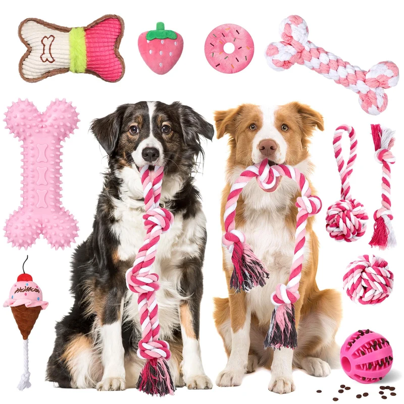 Vinsot Lot de 12 Jouets à Mâcher pour Grands Chiens – Rose, Cordes et Balles Sifflet
