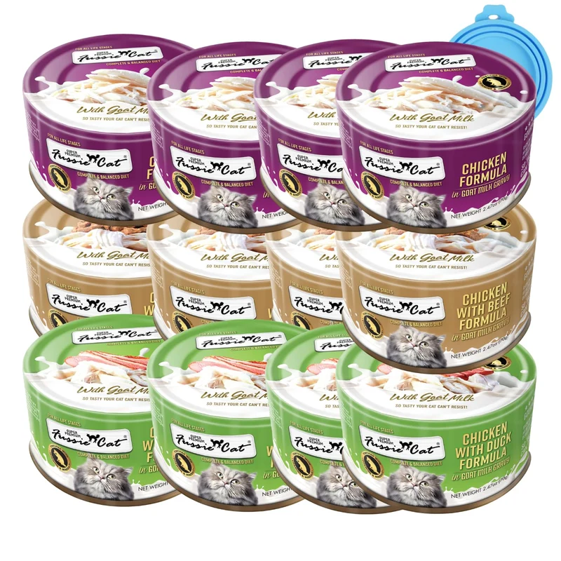 Fussie Cat – Pâtée humide pour chat au lait de chèvre, lot varié de 12 boîtes de 2,47 oz, 3 saveurs