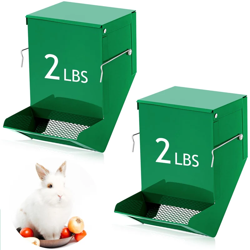 Maxcheck – 2 Distributeurs de Nourriture pour Lapin, Métal Vert, Couvercle et Maillage