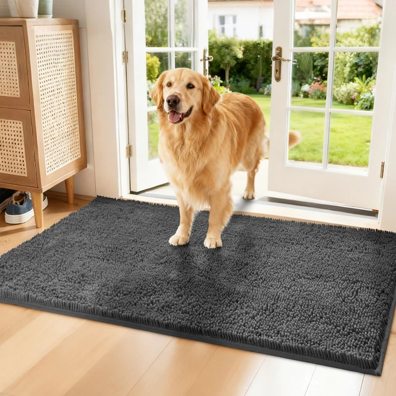 Naturei Tapis d'entrée Chenille Absorbant 122 cm x 61 cm – Tapis chien, anti-glisse, lavable, intérieur/extérieur, Gris