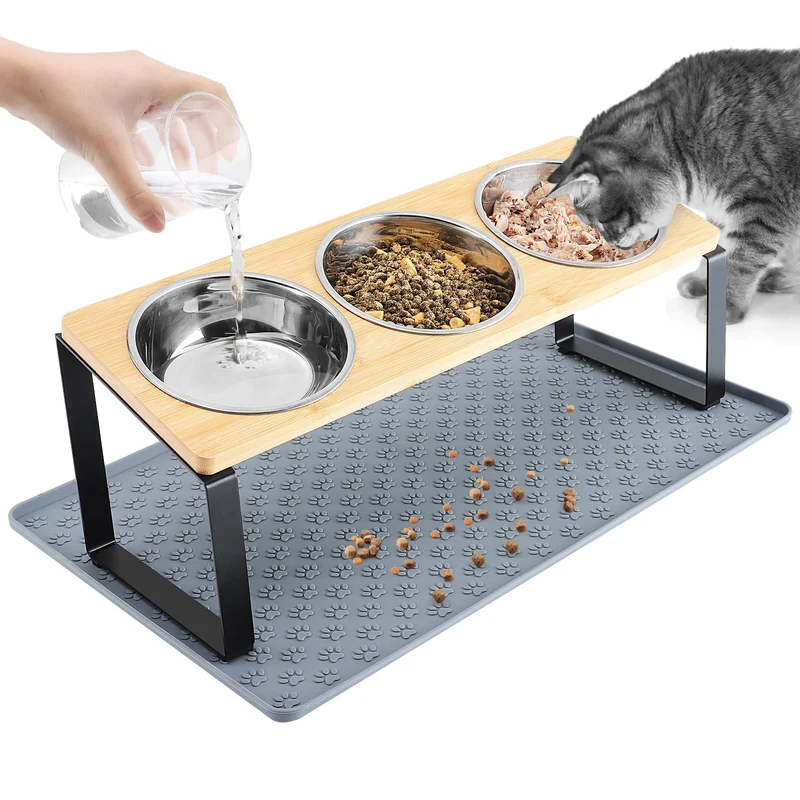 MEWTOGO - Bols sureles pour chats 15° avec tapis silicone et 3 bols inox – confort et propreté