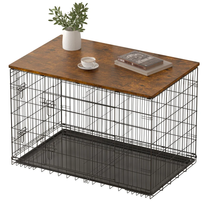 Topper bois Piskyet pour cage chien | Couvercle de cage 24–48 pouces (Rustique brun)