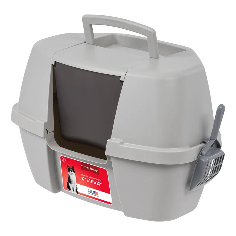 IRIS USA Bac à Litière d’Angle pour Chats – Capot Rétractable et Contrôle des Odeurs, Gris