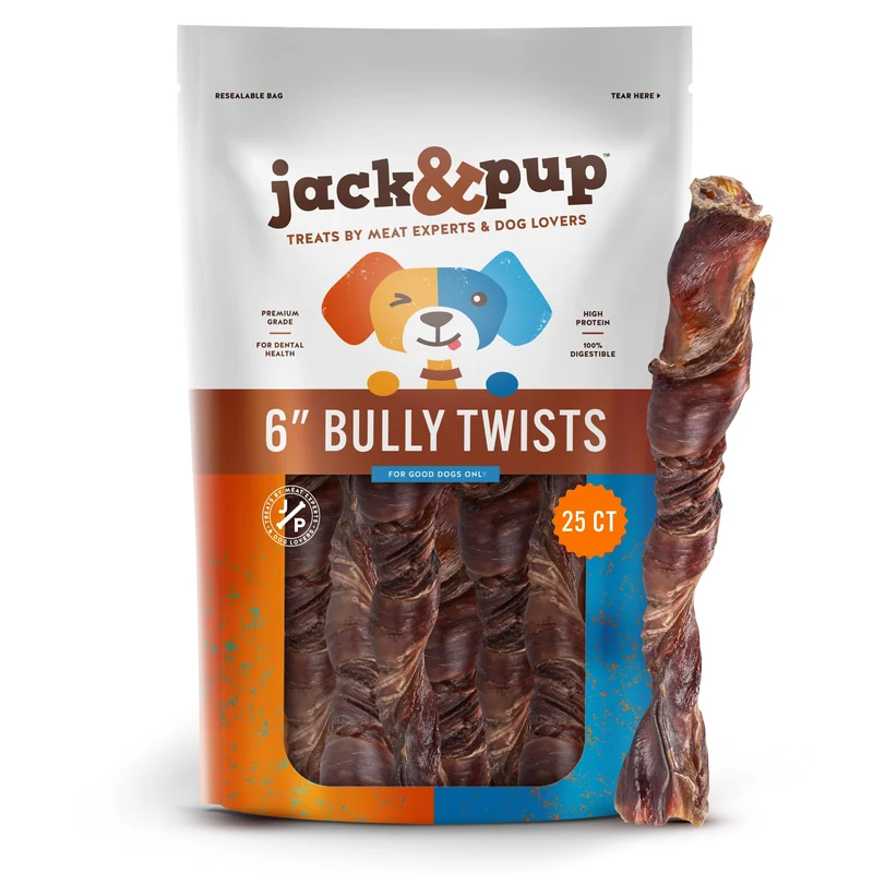Jack&Pup 6-pouces Bully Twists – Bâtonnets Bully Sans Odeur, Ingrédient Unique, Pour Mâche Légère (25 pièces)