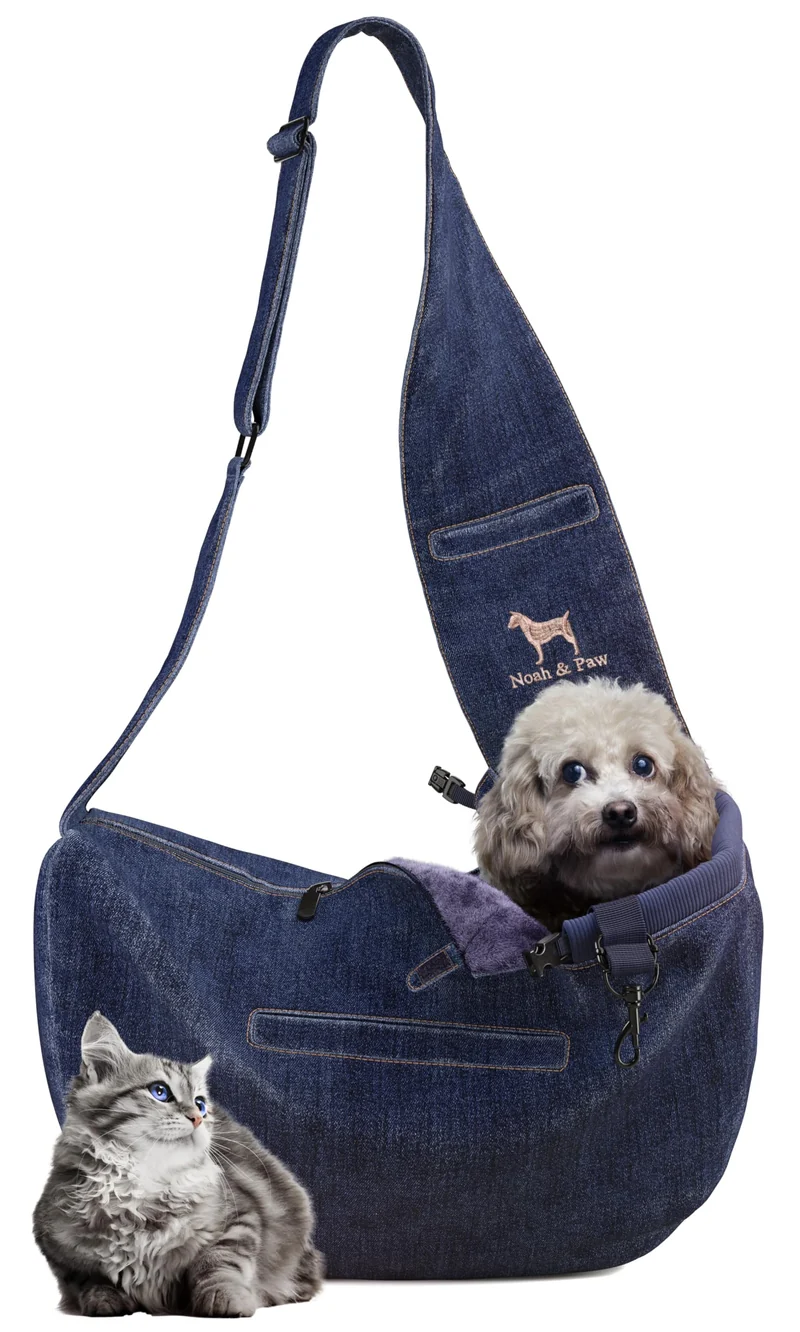 NOAH & PAW Sac de portage pour petits chiens et chats – Sling denim végan 5-18 lb, 3x sécurité, lavable