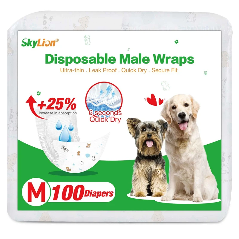 SkyLion Couches pour Chien Mâle – Jetables, Super Absorbantes, 100 Unités, Taille Moyenne, Anti-Fuites