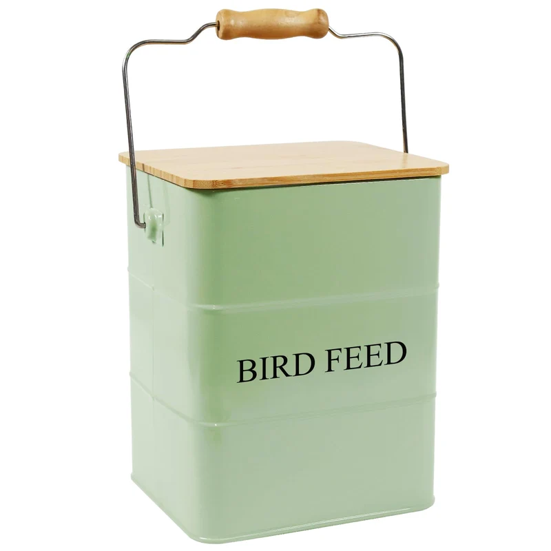 Brabtod Conteneur en métal pour graines d'oiseaux – Couvercle bois, 5–6 livres, Vert