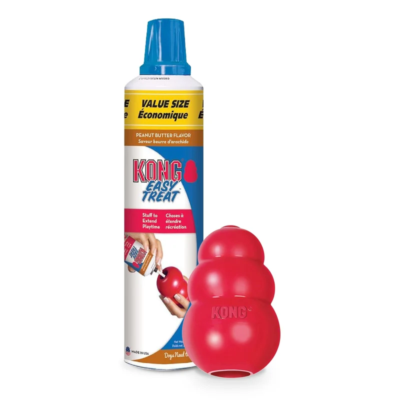 KONG Classic - Jouet rouge remplissable pour chiens de grande taille avec spray friandise au beurre d'arachide (14 oz)