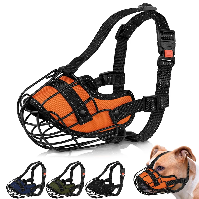 OOPSDOGGY Museau Pitbull – Grillage Métal Réfléchissant, Grande Taille, Bretelles Ajustables (Orange)