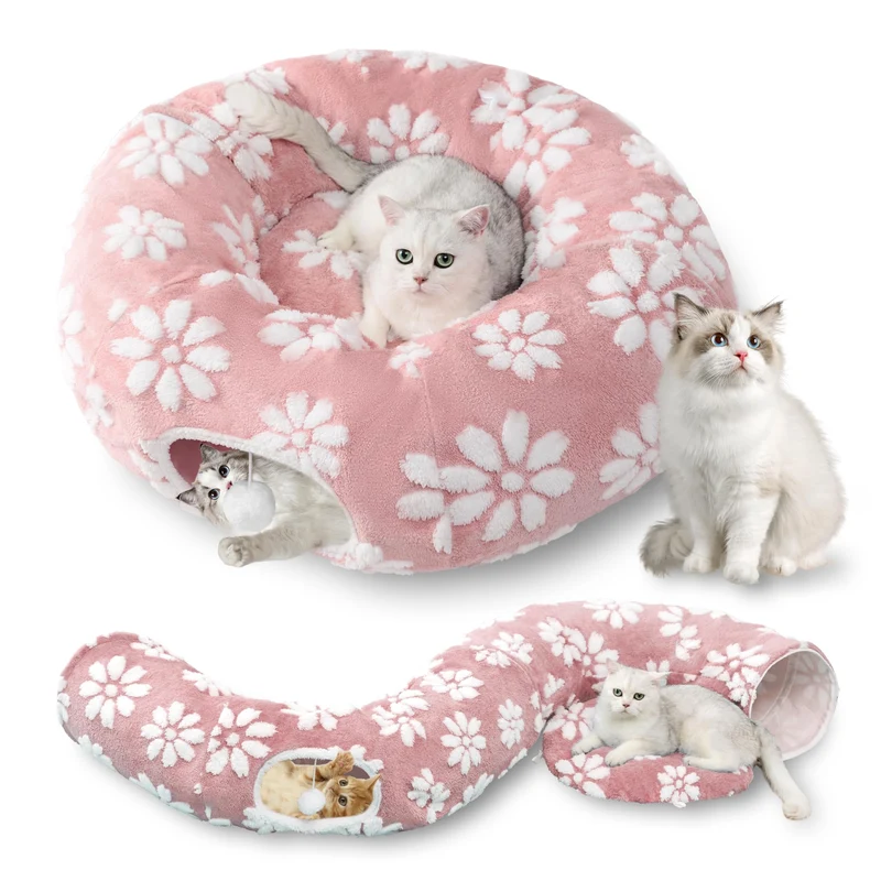 Yaning Cat Tunnel d'intérieur – Tunnel beignet rose avec balle pendante