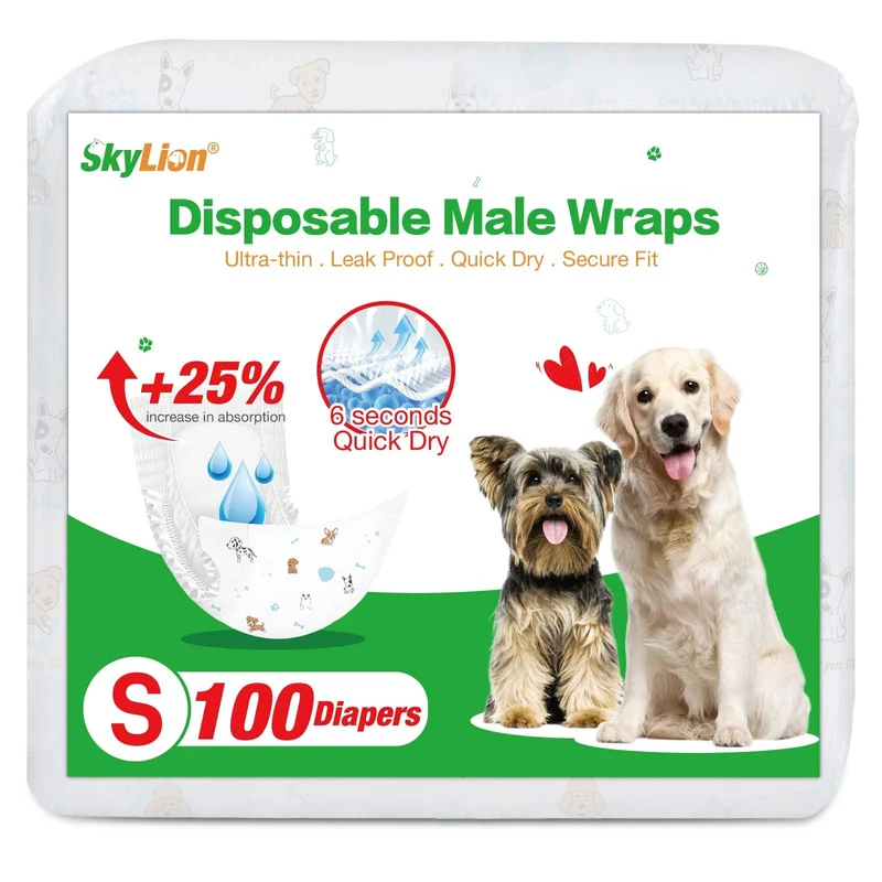 SkyLion Couches Mâles pour Chiens – Couches Jetables Absorbantes, 100 Unités, Anti-Fuite, Ultra Sec et Respirantes, Petite