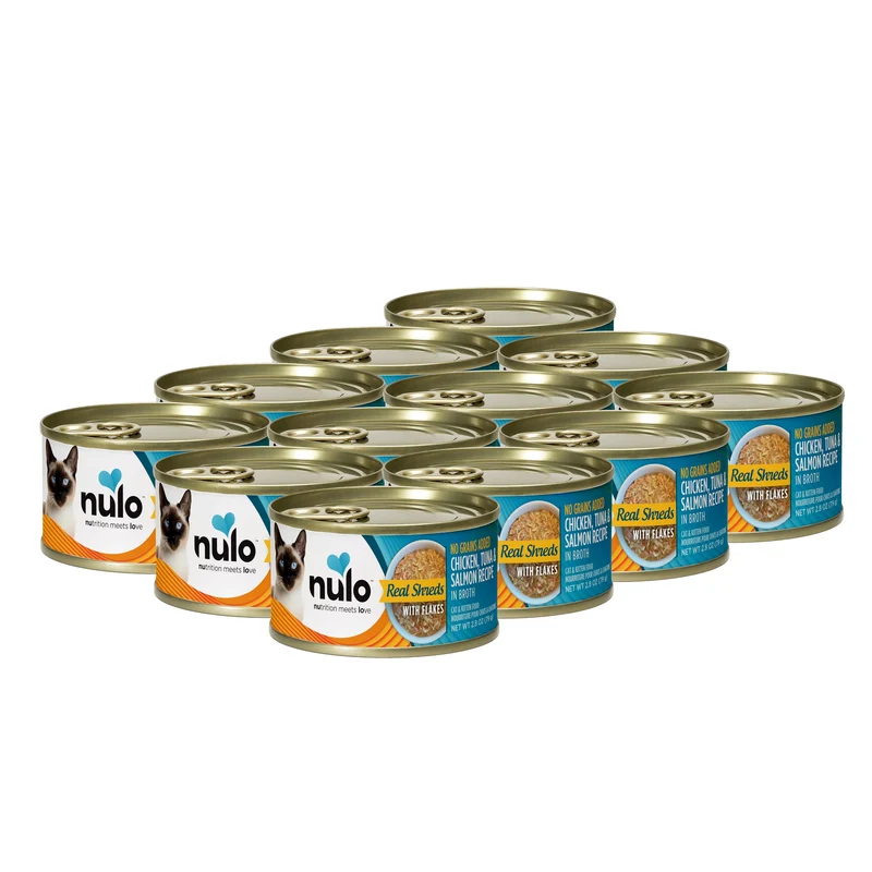Nulo Real Shreds avec Flocons – Pâtée humide sans céréales pour chats et chatons, bouillon savoureux, 12 boîtes de 80 g