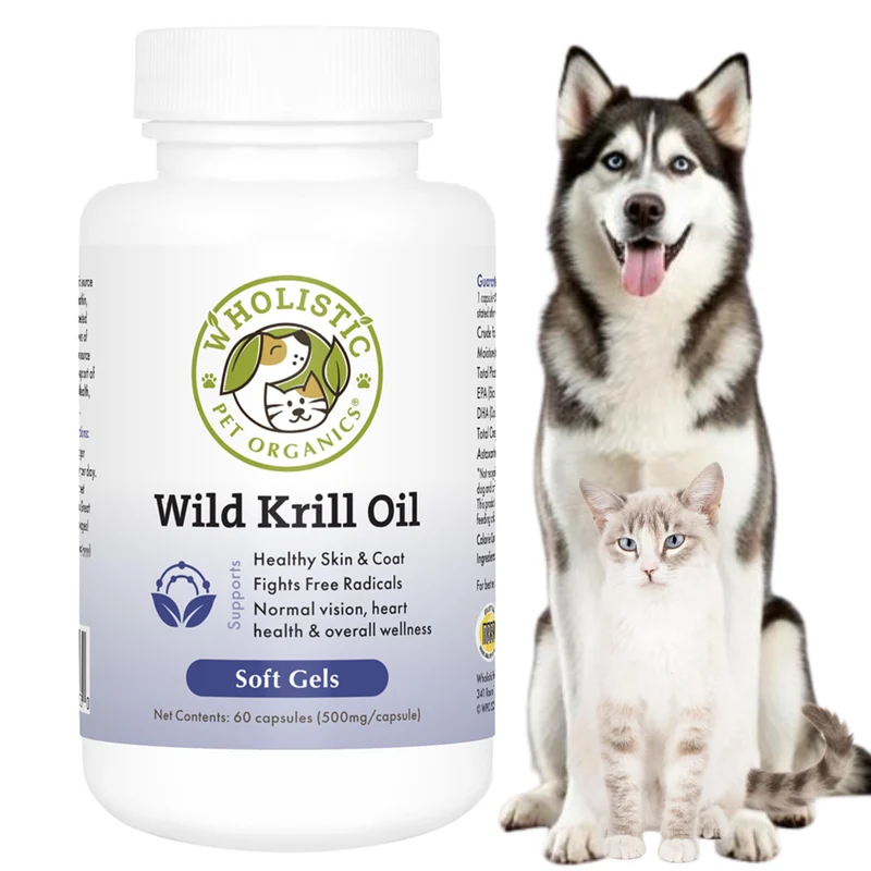 Wholistic Pet Organics Huile de Krill pour Chiens et Chats – Soutien Antioxydant Premium, Peau et Pelage – Oméga-3 (EPA, DHA, Astaxanthine) – 60 Gélules Molles