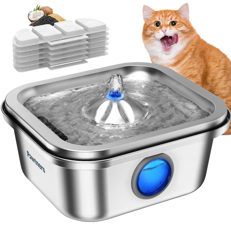 Fontaine d'eau Pawtners pour chat en acier inox 4L – filtration quadruple et pompe silencieuse