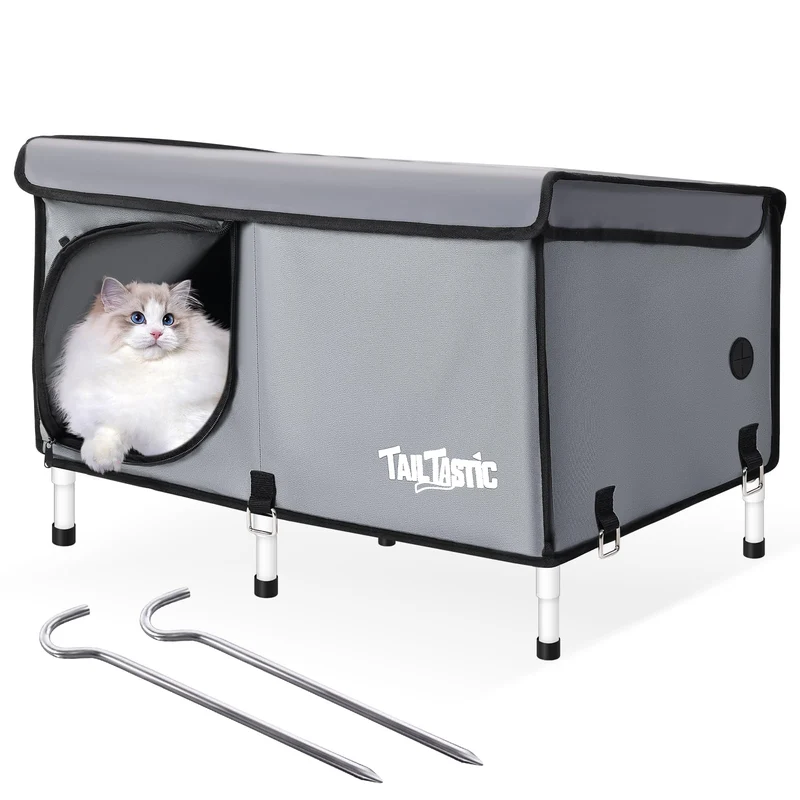 TailTastic - Maison pour chat extérieure surélevée, isolée et étanche (Gris, Grand)