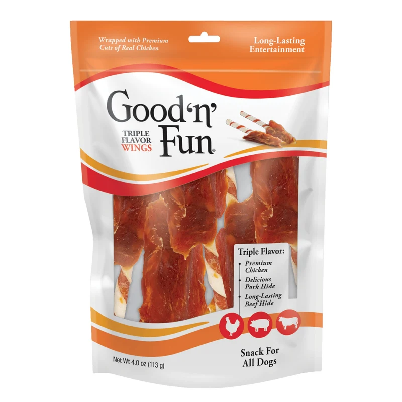 GOOD 'N' FUN Triple Flavor Wings Chews – Friandises pour chiens au poulet, porc et boeuf – 4 oz