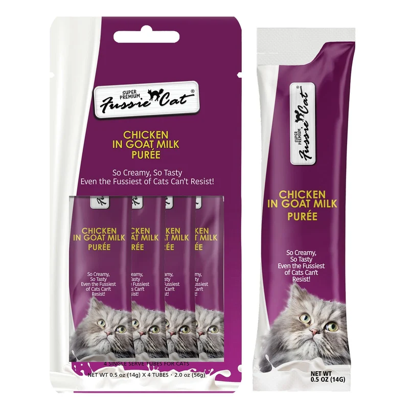 Fussie Cat Purée de Poulet au Lait de Chèvre – Friandises à Lécher pour Chat, 4 sachets de 0,5 oz
