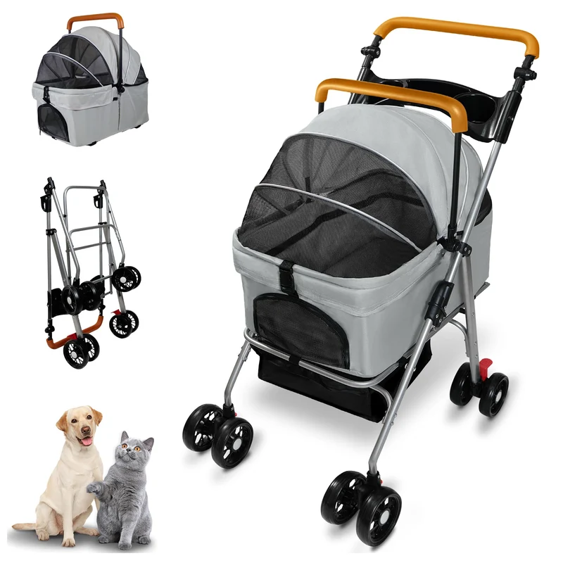 Laushery Poussette pour Animaux 3 en 1 – Pliage Facile, Grand Rangement et Porte-Gobelet (Gris)