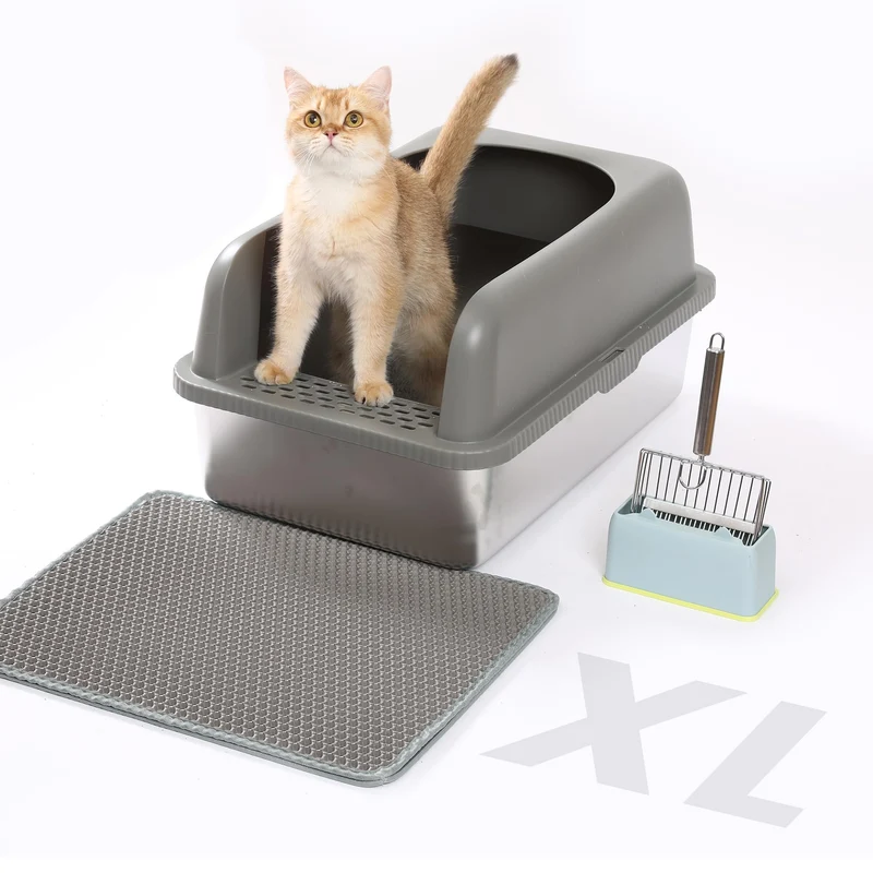 Bac à litière XL en acier inox Lietom pour grands chats – Couvercle et kit inclus