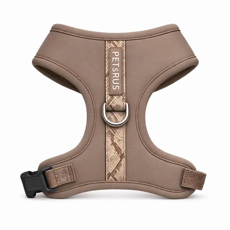 PETsRUS Harnais anti-tir en néoprène doux et mesh — Attache avant/arrière, ajustable (M, Marron Taupe Serpent)