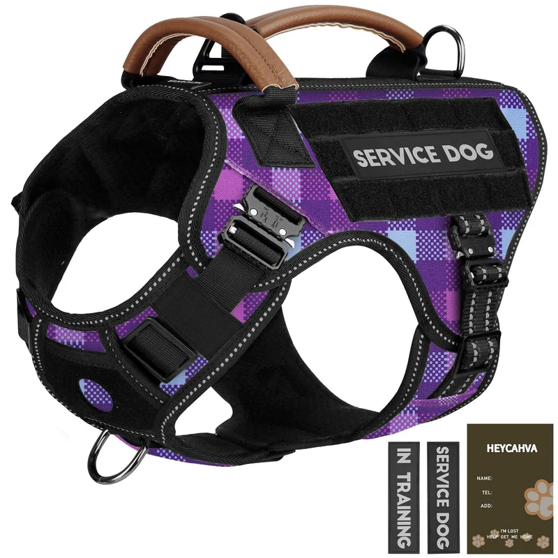 HEYCAHVA Harnais service chien — Boucles métalliques, poignée en cuir, réflectif, taille M (violet)