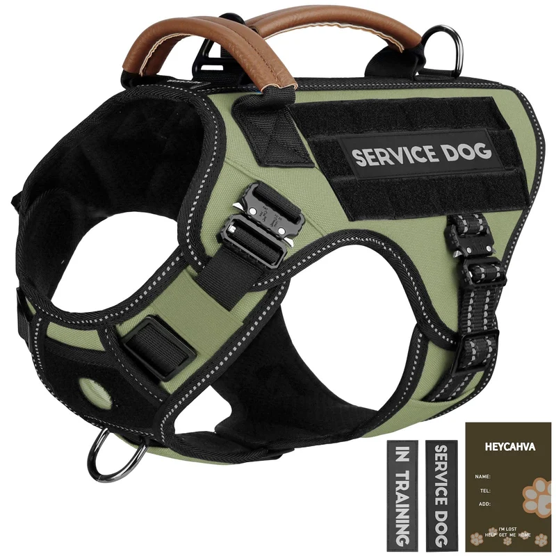 HEYCAHVA Gilet de service pour chien – Harnais tactique à boucles en métal, réfléchissant, poignée en cuir, MOLLE et AirTag, vert XL
