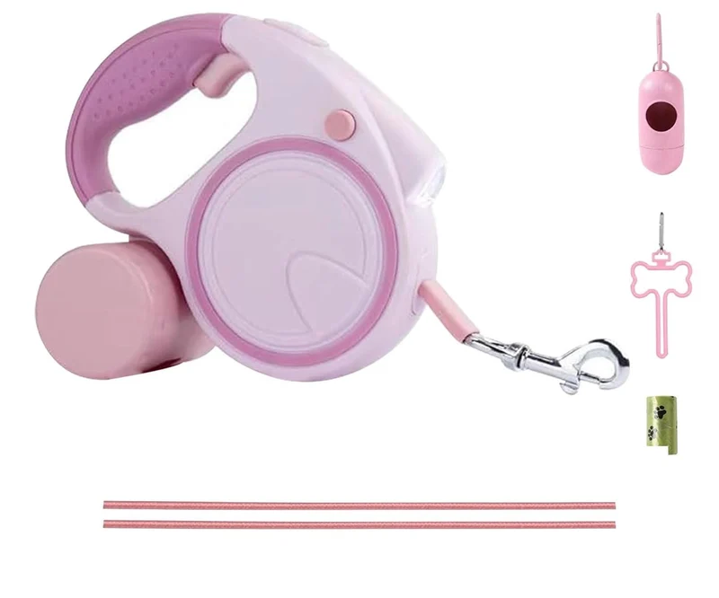 Laisse rétractable rose avec lampe et accessoires – Ensemble 4 pièces