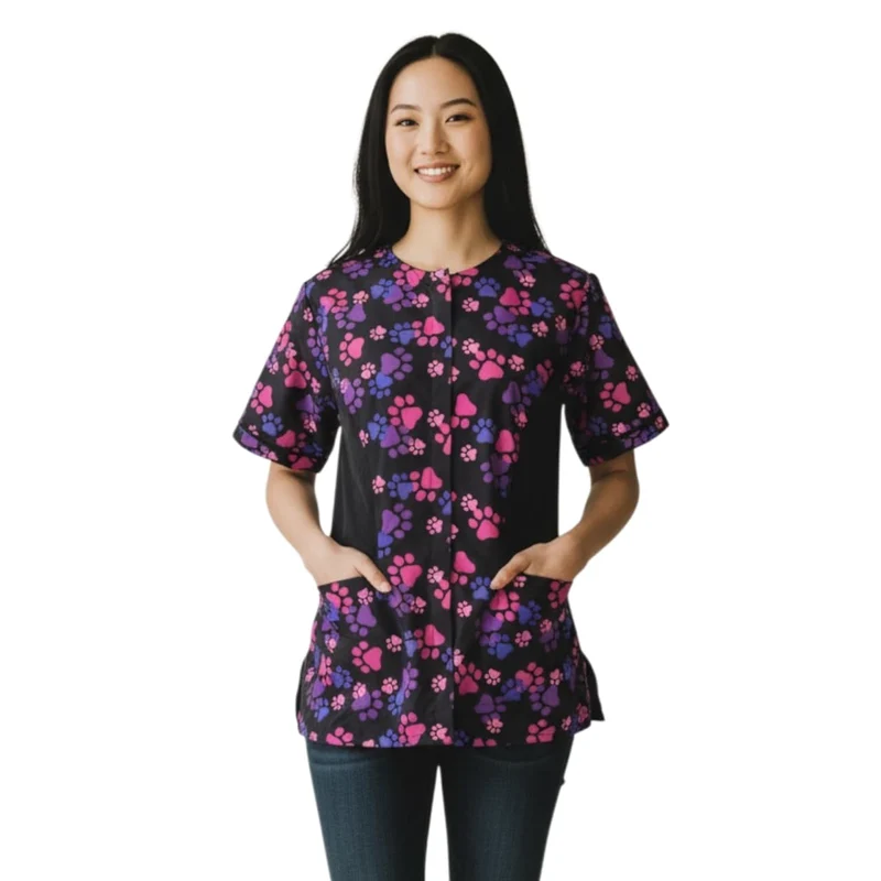 Tablier de toilettage Ladybird Line 725 – Empreinte Pattes Rose et Violet, Étanche et Résistant, Zip Protégé – Dos Noir, 3XL