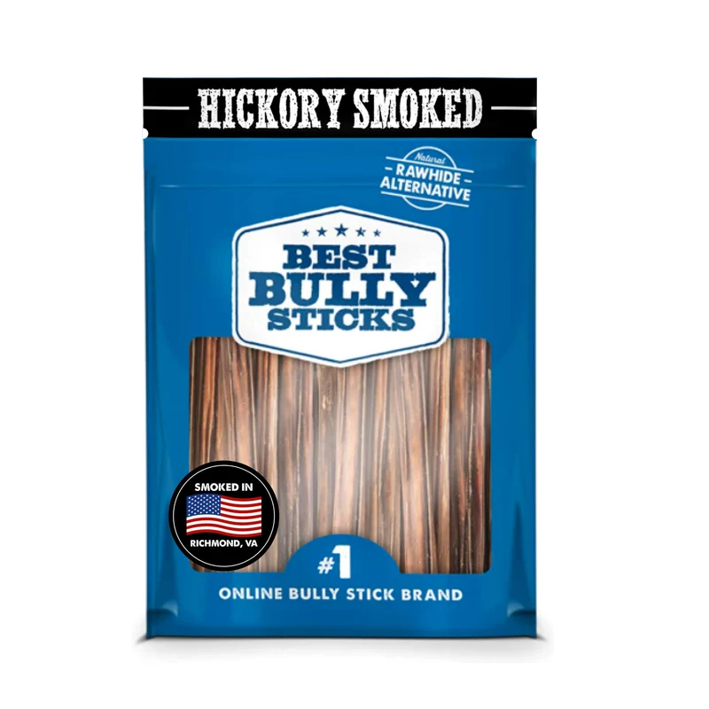 Best Bully Sticks Hickory Fumé – Bâtonnets de bœuf minces 6 po, Pack 24, Sans Cuir, Sans Céréales, Arôme Fumé Naturel