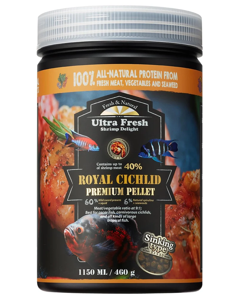 Ultra Fresh Royal Cichlid Premium – Nourriture carnivore pour grands cichlidés, crevettes sauvages, ingrédients naturels, granulés coulants, 450 g