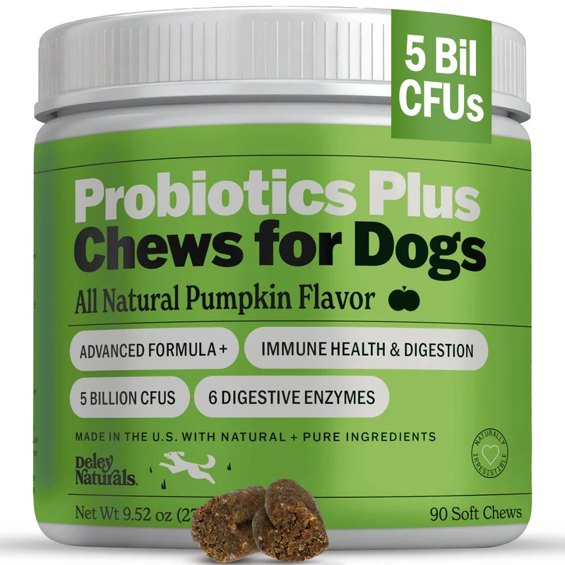 Deley Naturals Probiotics Plus – Bouchées Probiotiques pour Chiens, 5 Milliards CFU et Enzymes Digestives, Goût Potiron, 90 Bouchées, Fabriqué aux USA