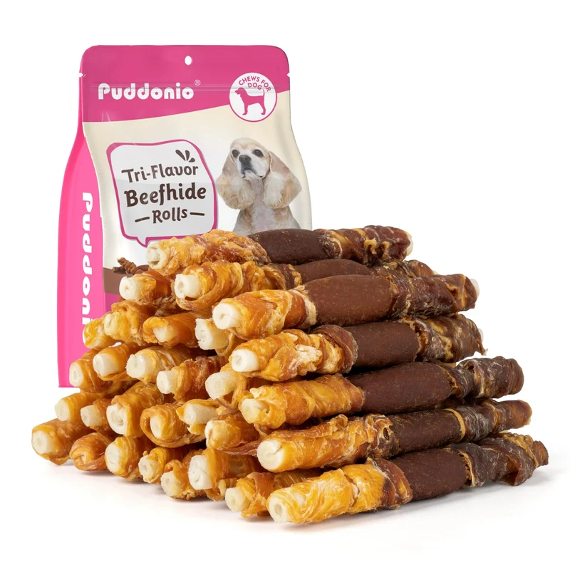 Puddonio Bâtonnets Cuir Brut Triple Saveur – Poulet, Dinde et Foie, 5 pouces, 30 pièces pour petits et moyens chiens