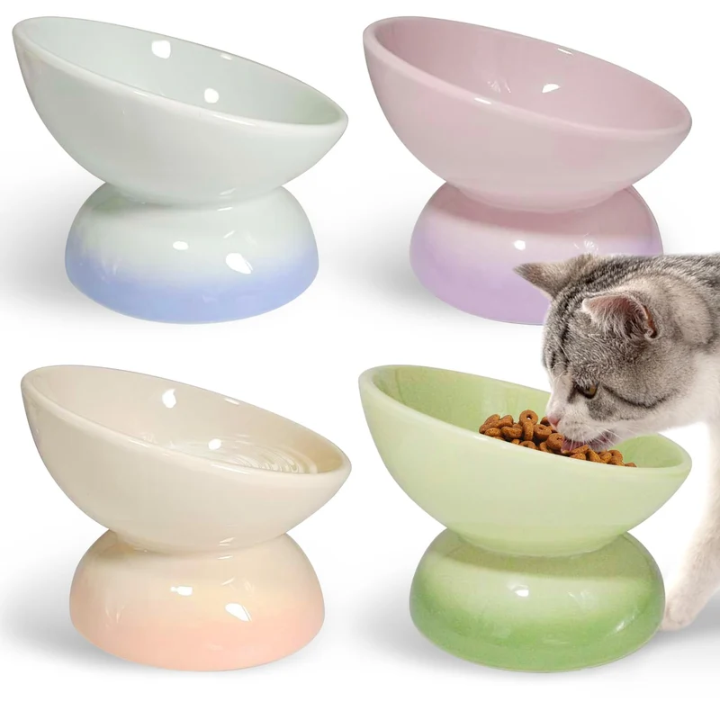 Kathson – Ensemble de 4 bols pour chat en céramique surélevés et inclinés – Design anti-vomitif, couleurs variées