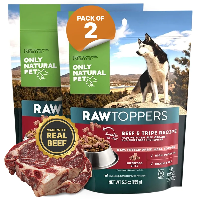 Only Natural Pet Toppers Crues Séchées – Boeuf & Tripes pour Chiens, 2 Paquets 5,5 oz