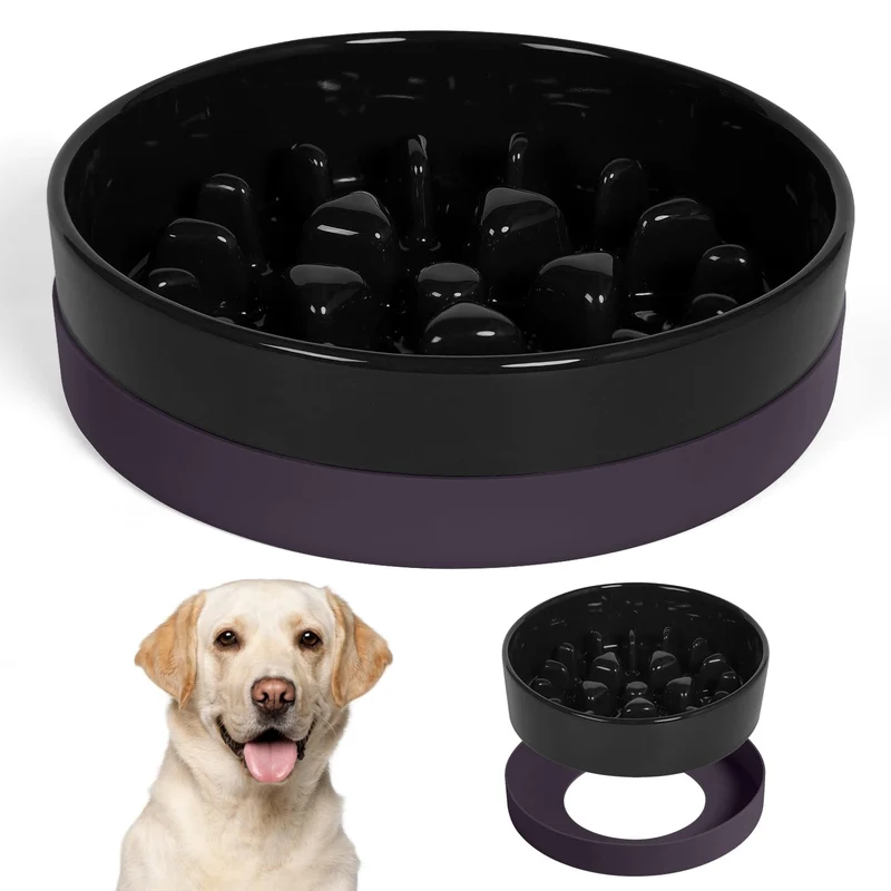 Sted Gamelle en céramique à alimentation lente pour chiens moyens à grands – Bol puzzle noir avec base silicone