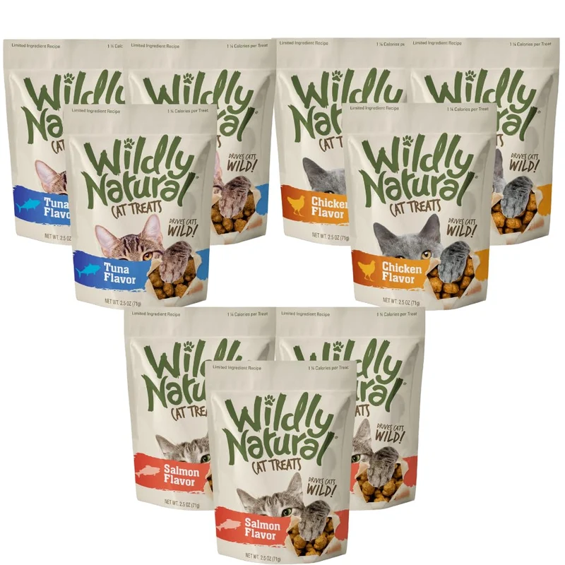 Friandises Fruitables pour chat Wildly Natural — Poulet, Thon et Saumon, Pack 9 sachets 2,5 oz (3 sachets par saveur)