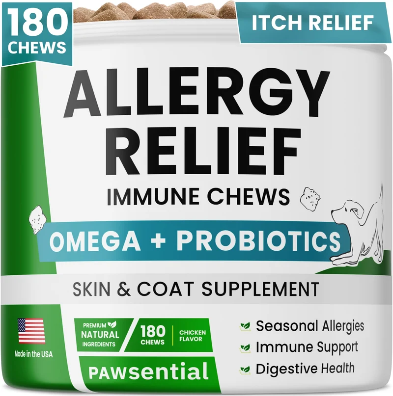 PAWSENTIAL Friandises Allergie pour Chien – Soulagement démangeaisons + Probiotiques + Oméga-3 + Colostrum – États-Unis – Saveur Poulet – 180 bouchées
