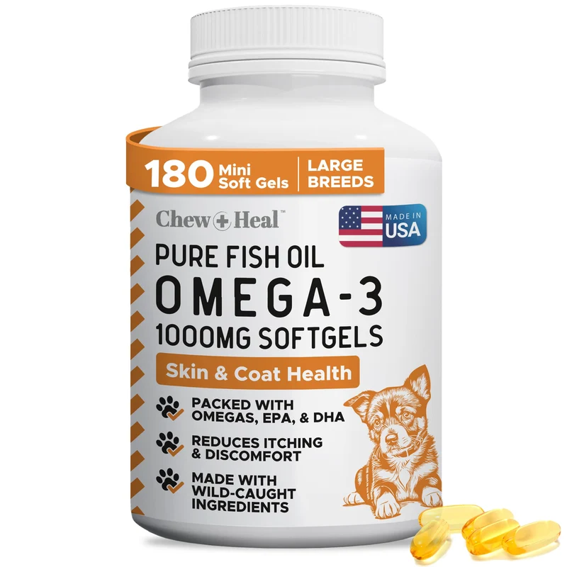 Chew + Heal Labs Omega-3 pour Chien – 180 Gélules 1000 mg, Peau et Pelage Sains