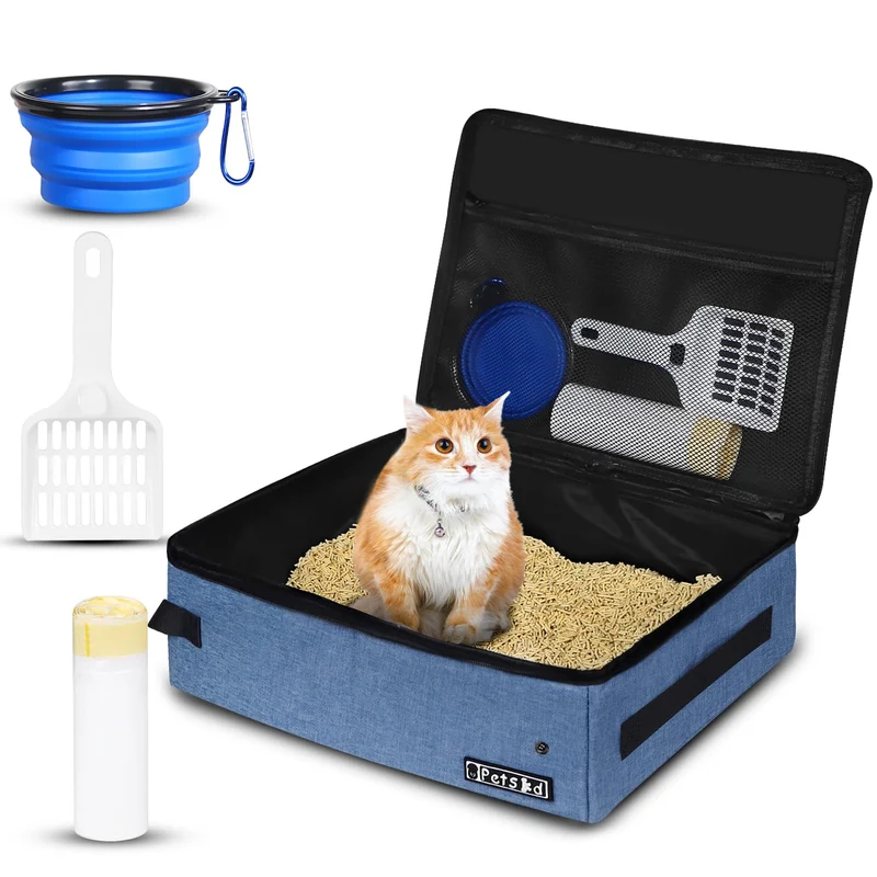 Petskd Boîte Litière de Voyage pour Chat – Couvercle, 10 Sacs Jetables, Étanche et Pliable (Bleu)