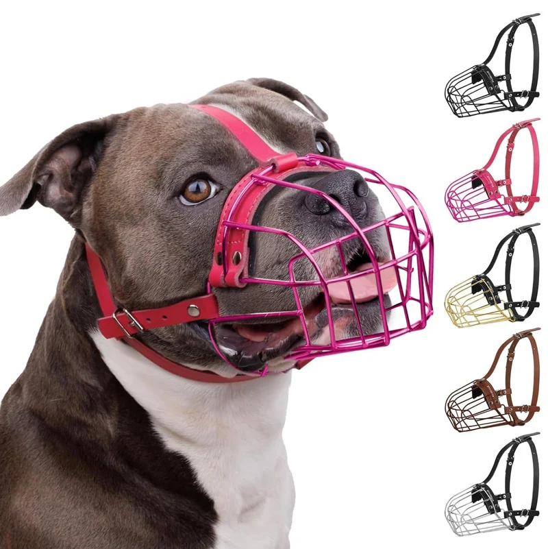 BRONZEDOG Muselière Pitbull – Panier en métal, Sangles cuir ajustables pour grands chiens (rose)