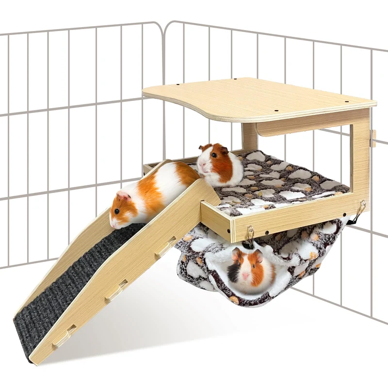 DCIAER Cachette pour cobaye – Habitat en bois naturel avec hamac, escalier et coussin