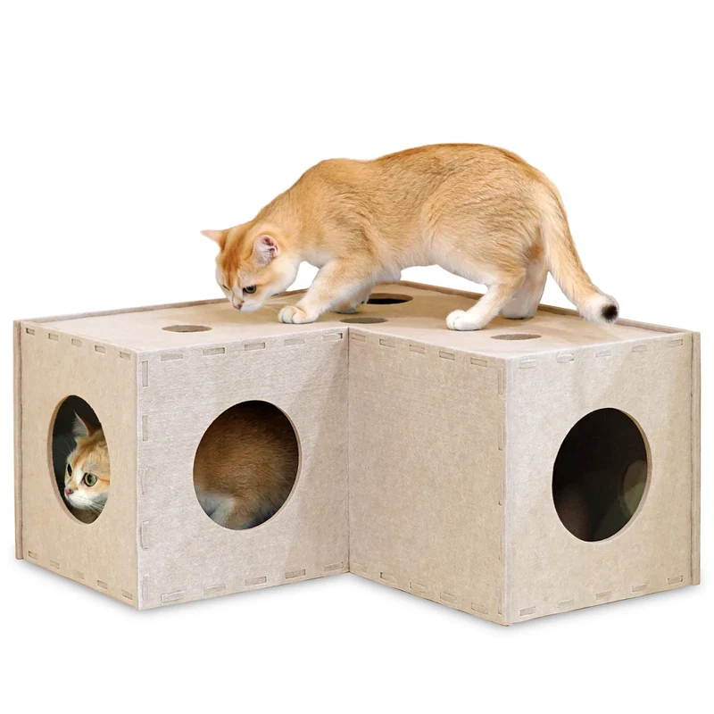PETKARAY Tunnel pour Chat – Tanière Originale en Feutre, Tunnels en Forme de L Beige