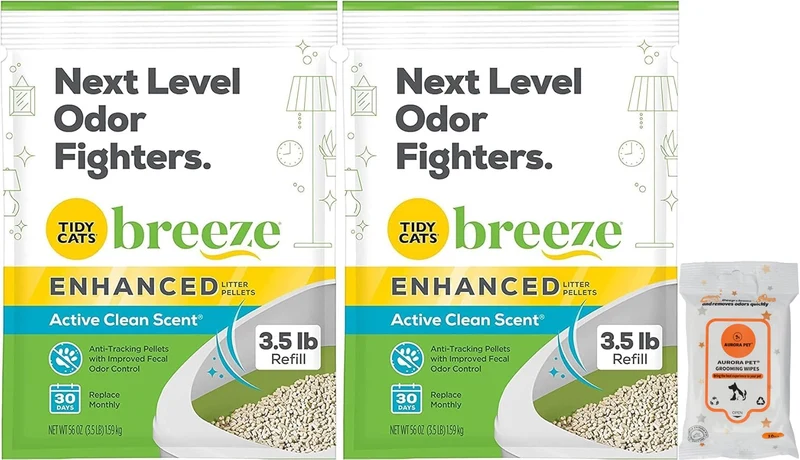 Ensemble Aurora Pet Breeze – Granulés de litière pour chats, parfum frais actif, recharge 3,5 lb + Lingettes Humides